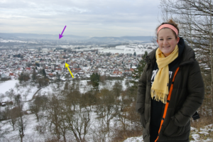 Here is a view of Urbach (yellow arrow) from the top of the mountain.  The purple arrow points to Schorndorf, the town that my school is in.
