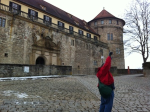 Outside the castle, with my professor making antlers.  She's great!  :)